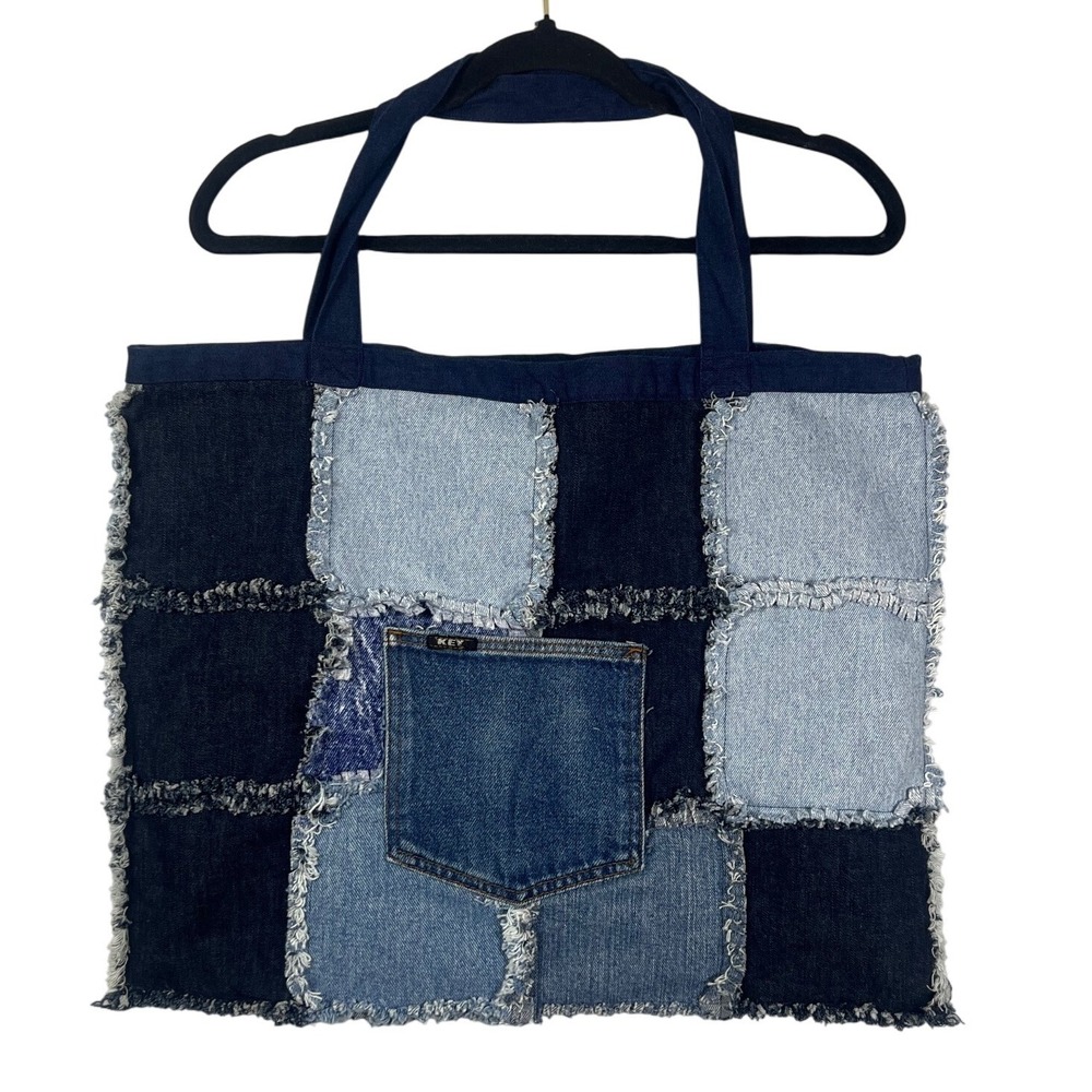 Key Women's Retro Nostalgia 90's Blue‎ Denim Handmade Patchwork Denim Tote Bag